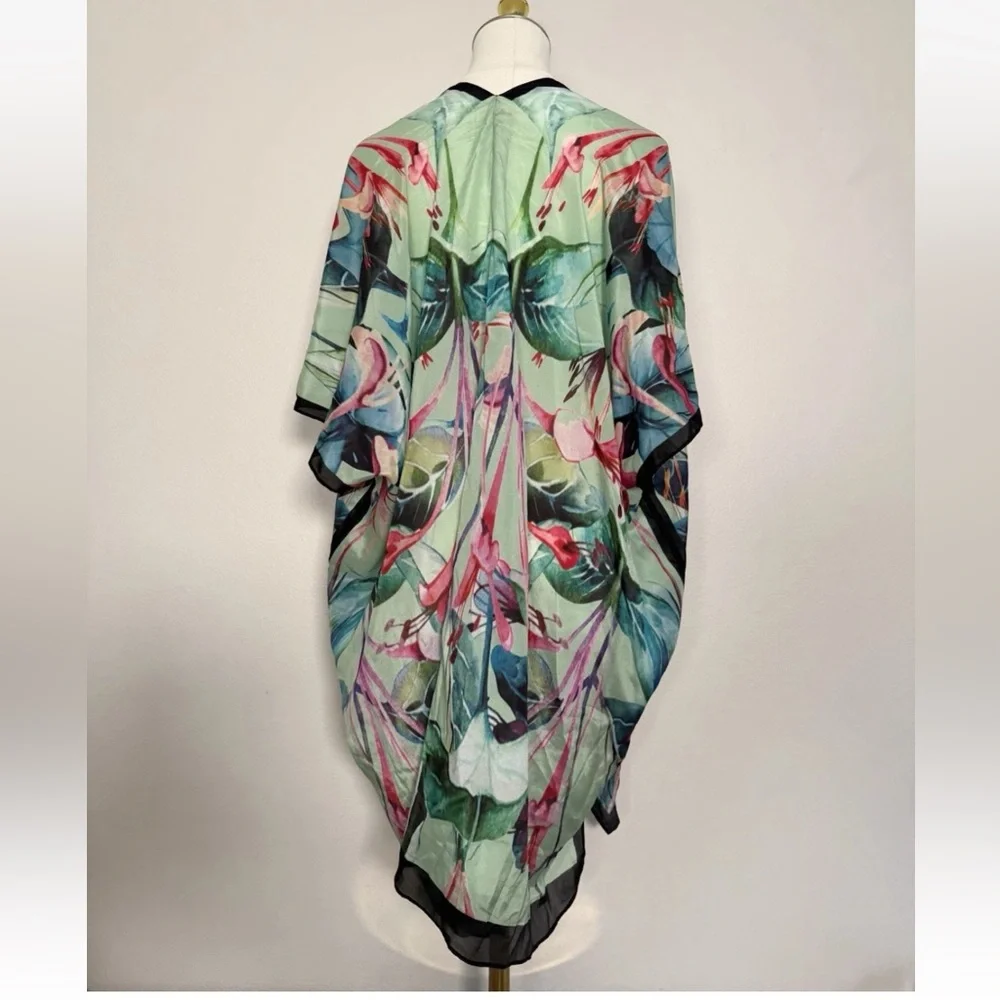 Soft surroundings Emerald Isle silk  kimono floral tropical Sz Large / XL - Picture 2 of 8